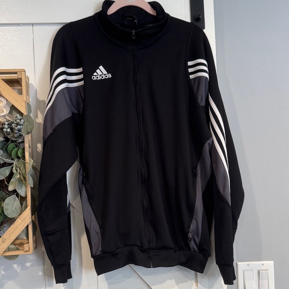 adidas Black  Jacket with Gray & White Stripes size large